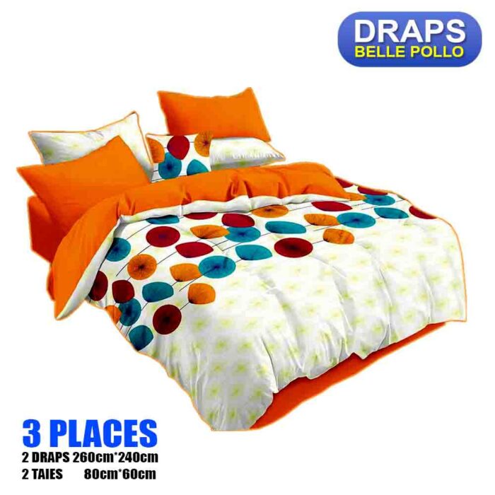 2 DRAPS DE 3 PLACES+2 TAIES BELLE POLLO ORANGE BLEU