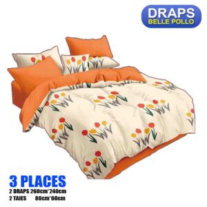 2 DRAPS DE 3 PLACES+2 TAIES BELLE POLLO ORANGE FLEURS 