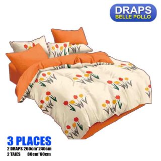 2 DRAPS DE 3 PLACES+2 TAIES BELLE POLLO ORANGE FLEURS 
