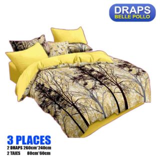 2 DRAPS DE 3 PLACES+2 TAIES BELLE POLLO JAUNE ARBRE